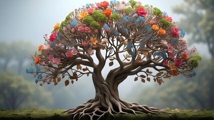 A human brain is intricately intertwined with the branches of a tree, adorned with {blooming flowers}. The brain exhibits realistic details, with convoluted folds and intricate neural pathways, while  - obrazy, fototapety, plakaty
