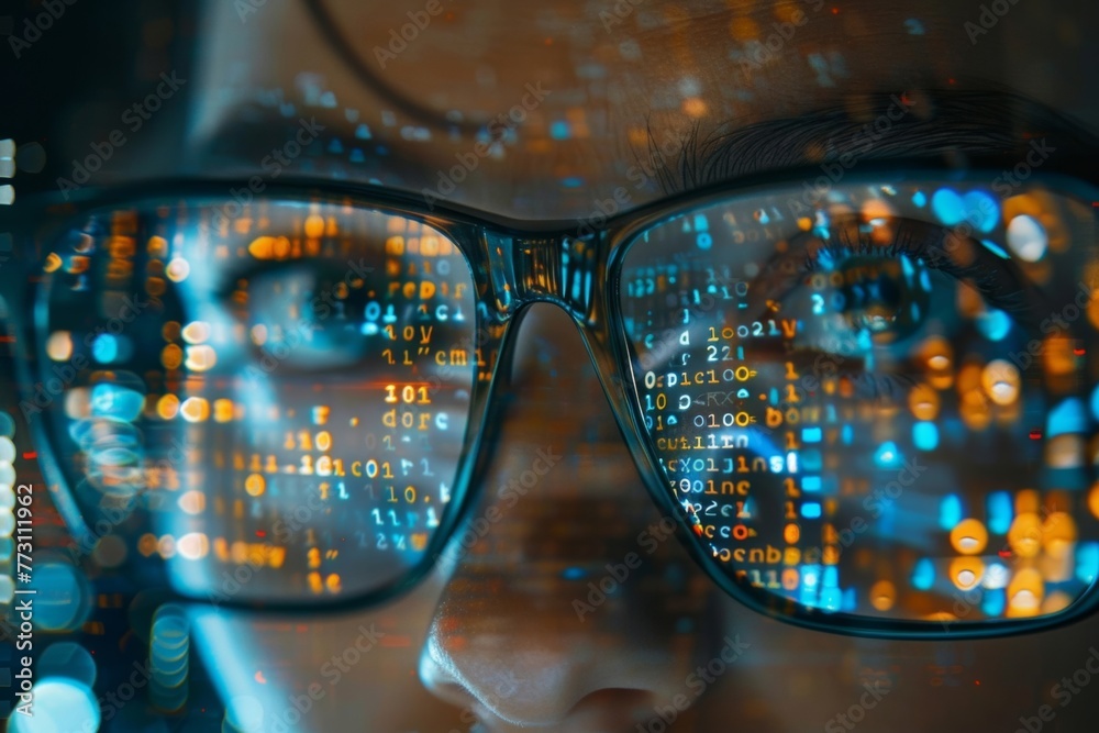Poster a programmer wearing glasses focuses on coding on their computer, utilizing digital technology for c