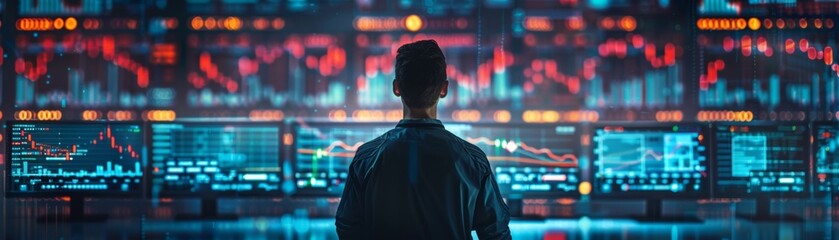A financial expert intently studies stock market trends on multiple screens, deciphering patterns and oscillators for investment insights. - obrazy, fototapety, plakaty