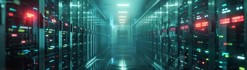 A high-tech data center showcases advanced computing systems and cyber defense measures, ensuring secure data storage and global network protection.