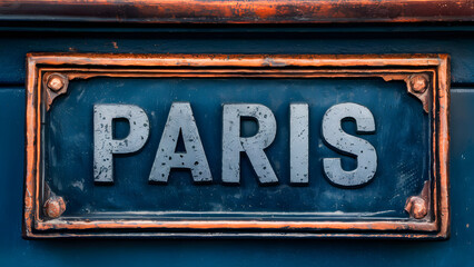 Fototapeta premium A weathered and rusty metal plate with the word “PARIS” embossed on it.