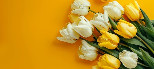 Bouquet of yellow and white tulips on a yellow background. Top view, space for text. generative ai