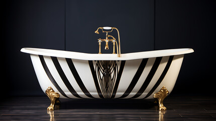 Art deco style roll top bath, black and white stripes, gold claw feet, dark backdrop