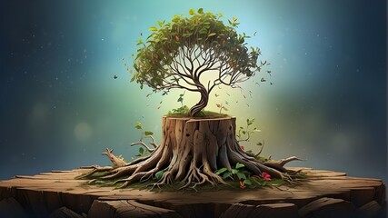 Digital illustration portraying a {young sapling} sprouting from the {weathered remains of an old tree stump}. The sapling is stylized with vibrant colors and dynamic lines, symbolizing hope and vital