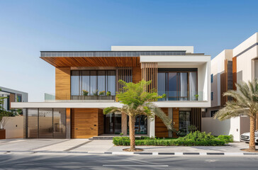 front view of a modern villa in Dubai, a two storey white house with wooden elements and a wooden balcony, a small car park near the entrance, lush green plants around it