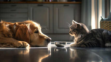 A dog and cat sit side by side near a food bowl.