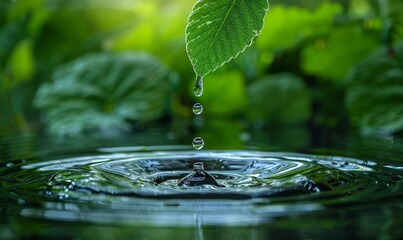 Close-up of a green leaf with rain droplets against a serene water background, capturing the tranquil essence of nature after rainfall. - obrazy, fototapety, plakaty