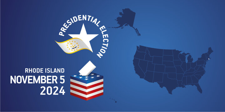 USA Presidential election November 5, 2024. Voting Day 2024 in Rhode Island. USA elections 2024. Rhode Island flag USA stars with USA flag, map, ballot box and ballot on blue background