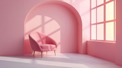 Pink chair in an empty room. Modern minimalistic interior in pastel colors for advertising.
