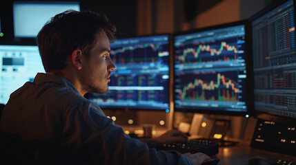 Fototapeta premium A financial analyst focused intently on multiple monitors displaying dynamic stock charts and financial data, the room lit by the soft glow of the screens and natural light from a
