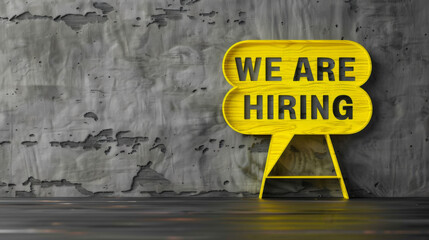 A speech bubble with the text "WE ARE HIRING" on a textured metallic background signifies a job opportunity.
