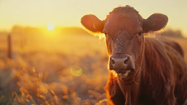 A cow standing in a lush, green pasture bathed in the golden glow of sunrise