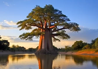 Fotobehang Large baobab tree on the lake created with Generative AI technology © Edi