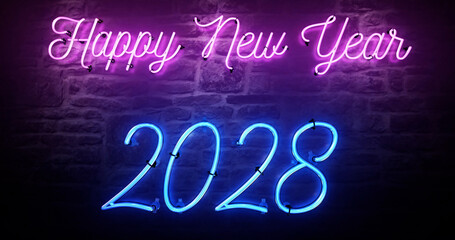 Bright Pink Neon sign that says Happy New Year 2028, new years eve party sign