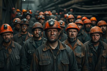 Crowd of workers in orange helmets in a coal mine, stuck accident, nepoldaki extreme evacuation exit to the elevator, difficult situation after the explosion