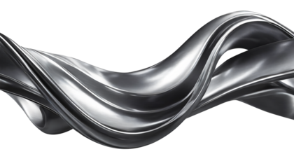 Abstract fluid metal bent form. Metallic shiny curved wave in motion. Cut out design element steel texture effect.