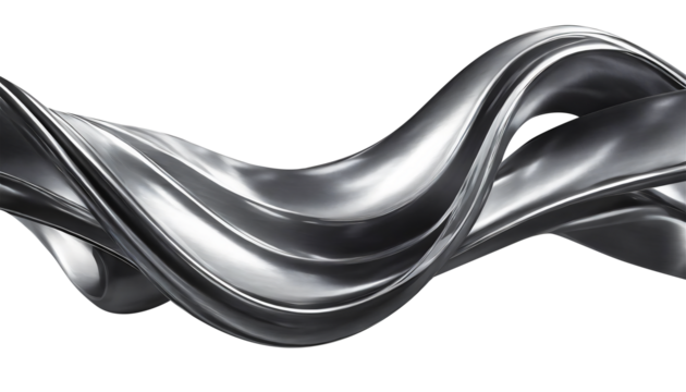 Abstract fluid metal bent form. Metallic shiny curved wave in motion. Cut out design element steel texture effect.