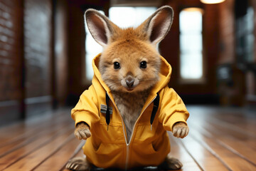 A brown surface showcasing a baby kangaroo in a hip-hop outfit, showing off dance moves. - obrazy, fototapety, plakaty