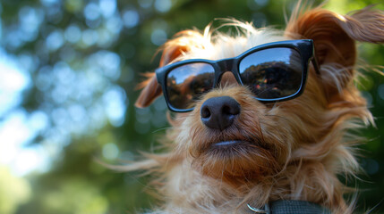 Zbliżenie na pyszczek psa w przeciwsłonecznych okularach - obrazy, fototapety, plakaty