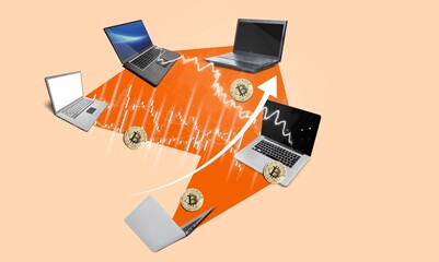 Creative collage of laptop computer with financial trade