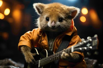 Foto op Plexiglas A brown surface highlighting a baby kangaroo in a rockstar outfit, playing a mini guitar. © Animals
