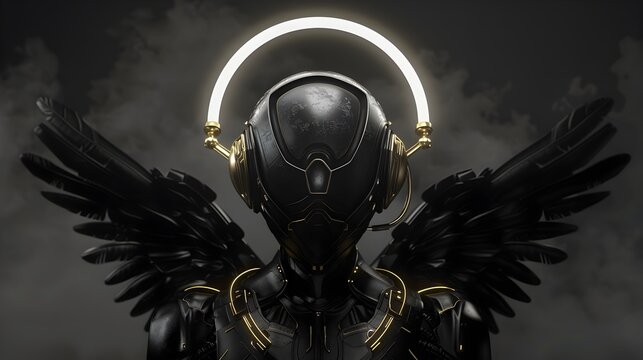 Enigmatic Cybernetic Entity with Ethereal Halo and Mechanical Wings in Dramatic Techno-Dystopian Atmosphere