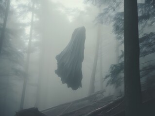 Ethereal Wraith Looming in the Misty Depths of the Enigmatic Forest - obrazy, fototapety, plakaty