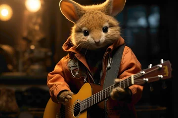 Fotobehang A brown surface highlighting a baby kangaroo in a rockstar outfit, playing a mini guitar. © Animals