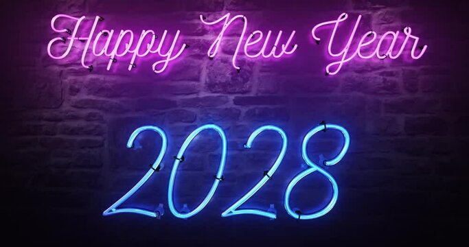 Bright Pink Neon sign that says Happy New Year 2028 the sign turns on with amazing flashing flickering effects, then after 30 seconds it flashes on and off and can also be looped.