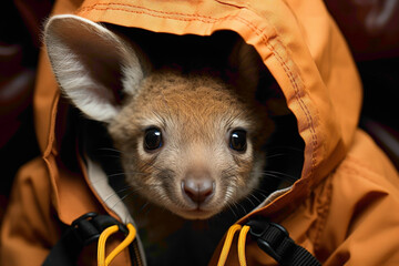 A brown kangaroo joey in a backpack, peeking out with curiosity on a brown background. - obrazy, fototapety, plakaty