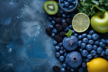 Background of blue fruits and vegetables.