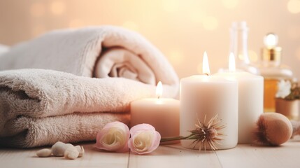 Obraz na płótnie Canvas Beautiful spa treatment composition such as Towels, candles, essential oils, Massage Stones on light wooden background. blur living room, natural creams and moisturizing Healthy lifestyle, body care