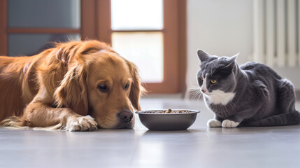 A dog and cat sit side by side near a food bowl.