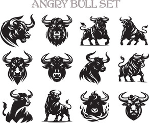 Angry Bull Silhouette Vector Illustration Design Bundle