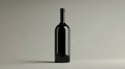 A solitary dark wine bottle stands against a light gray background.