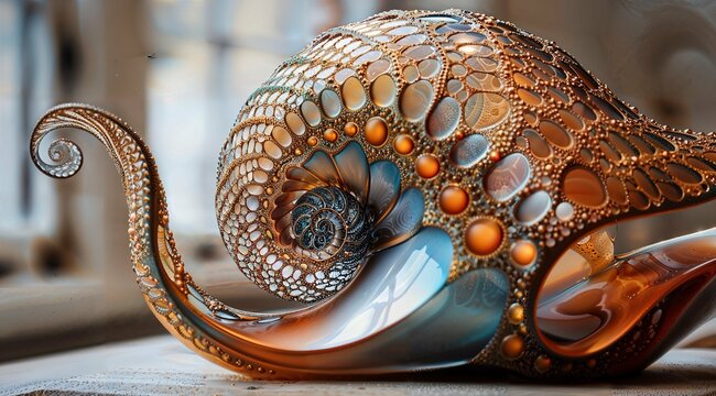 Ornate Nautilus Shell with Intricate Patterns and Pearlescent Textures.