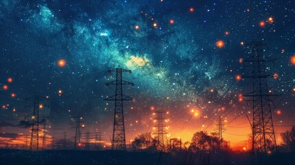 Electricity transmission towers with orange glowing wires the starry night sky. Energy infrastructure concept, energy, electricity, voltage, supply, pylon, technology