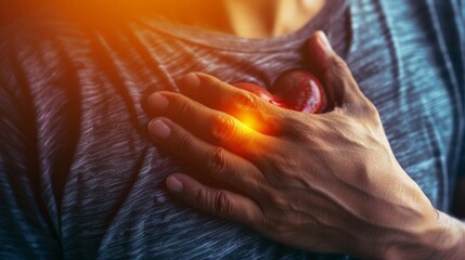 hand hold chest with heart attack symptoms, man working hard have chest pain caused by heart disease, leak, dilatation, enlarged coronary heart, press on the chest with a painful expression.
