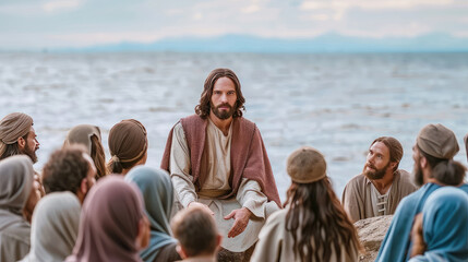 Jesus preaches the word of the Lord to a crowd of believers. The crowd, captivated by Jesus' divine presence, is moved by the profound truths he shares with them. - obrazy, fototapety, plakaty