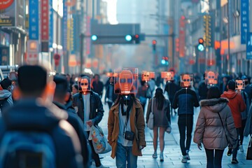 Elevated Security Camera Surveillance Footage of a Crowd of People Walking on Busy Urban City Streets. CCTV AI Facial Recognition Big Data Analysis Interface Scanning, Showing Personal Information. - obrazy, fototapety, plakaty