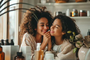 Affectionate moment between mother and daughter , ideal for family-oriented themes. - obrazy, fototapety, plakaty