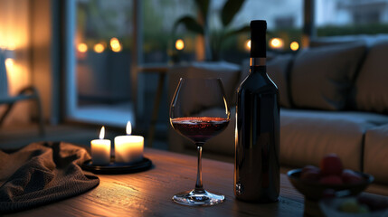 A full glass of red wine sits beside a bottle and lit candles on a wooden table in a home setting.