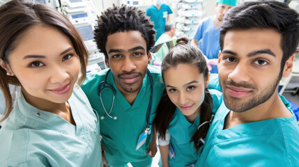A group of medical staff in scrubs standing together and posing for a picture