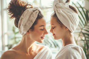 A woman and young girl in towels show close mother-daughter bond during a home spa ritual.