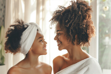 Cheerful mother and daughter sharing a tender moment wrapped in towels, symbolizing self-care and family love.
