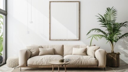 interior design of modern living room with beige fabric sofa and cushions. White wall with frame and space for text, living, furniture.