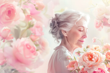 Elderly woman with serene expression surrounded by pink roses, ideal for Mother's Day designs.