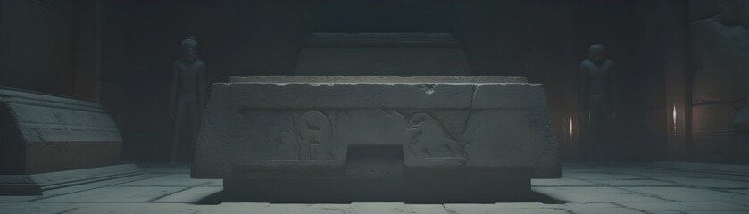 Ominous Ancient Egyptian Tomb Mummy Casket in Misty,Decaying,Sci-Fi Inspired Dark Stone Chamber