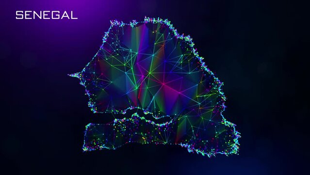 Futuristic Motion Reveal Senegal Map Polygonal Blue Purple Colorful Connected Lines And Dots Network Wireframe With Text On Hazy Flare Bokeh Background, Last 10 Seconds Seamless Loop
