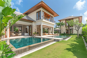 A beautiful and modern two-story villa with an open pool, surrounded by lush green grass, featuring light wood accents on the roof and walls of glass windows - obrazy, fototapety, plakaty